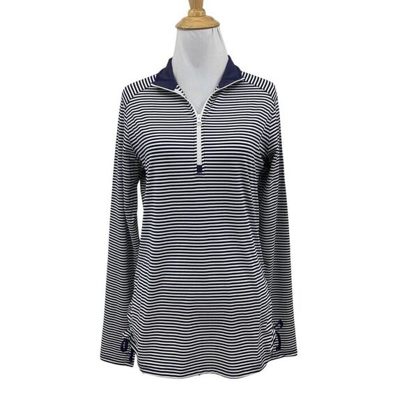 Straight Down Shirt Womens M Navy White Striped Ruched Sides Performance 1/4 Zip - Picture 1 of 15